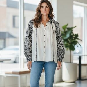 Roberta Roller Rabbit Ivory Peasant Blouse with Black Paisley Sleeves